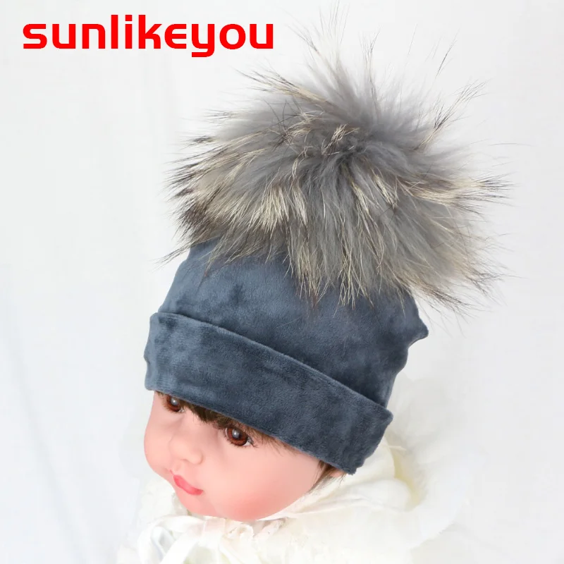 

Sunlikeyou Winter Thicker Warm Velvet Newborn Baby Beanies Kid Boy Girl Cap Real Raccoon Fur Pompom Toddler Infant Hat