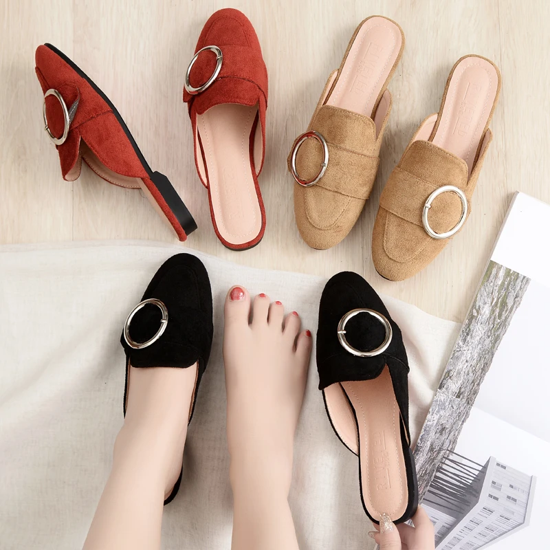 

Summer Shoes Women Mules Flip Flops Round Buckle Slippers Femme Anti-Skid Slides Belt Velet Sandals Size 43/44 Grandma Sandals
