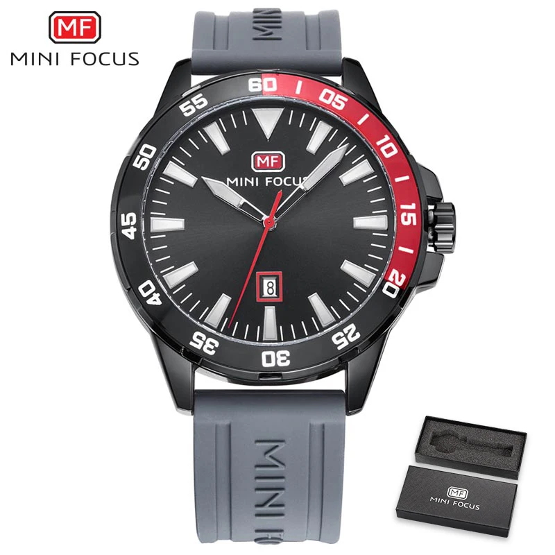 Серый MINIFOCUS, мужские часы, водонепроницаемые, модные, с календарем, бизнес, топ, люксовый бренд, часы, мужские, кварцевые, Relogio Masculino, силиконовый ремешок - Цвет: Серый