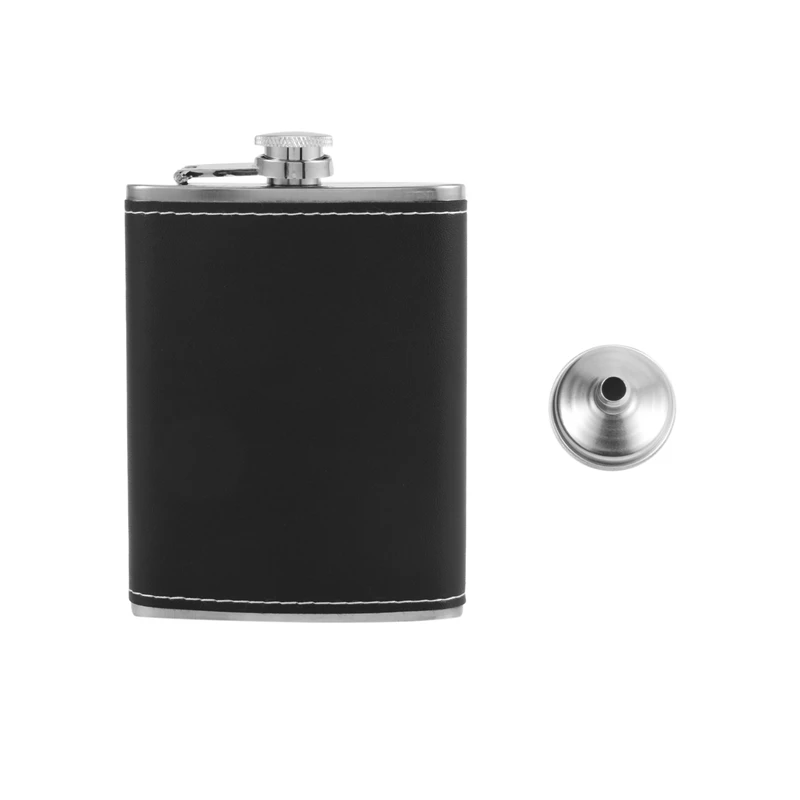 Pocket Hip Flask 8 Oz with Funnel Stainless Steel with Black Leather Wrapped Cover and Leak