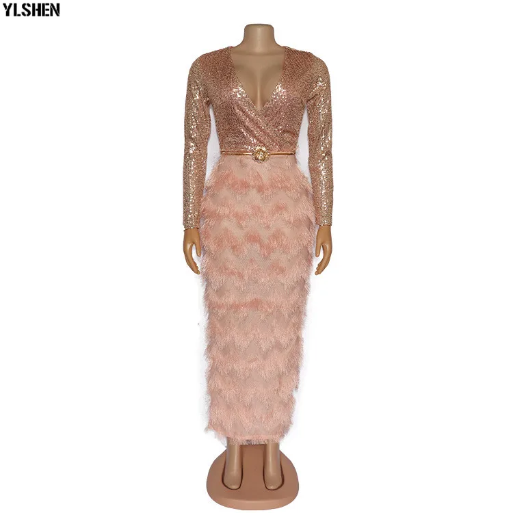 New African Dresses for Women Fashion Sequins Fur Fabric Bodycon Long Maxi Dress African Clothes Lady Elegant Paty Evening Robe 08