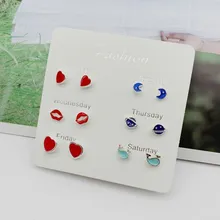 6 пар/компл. красные, синие смешанные Стиль серьги комплект платьев с принтами в виде сердечек губы КИТ земля луна серьги-гвоздики Для женщин девочек Модные украшения подарки
