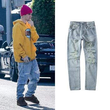 

Streetwear Washed Destroyed Jean for Men Blue Ripped Jeans Justin Bieber Hip Hop Hole Denim Pants Male Europe America Fashion