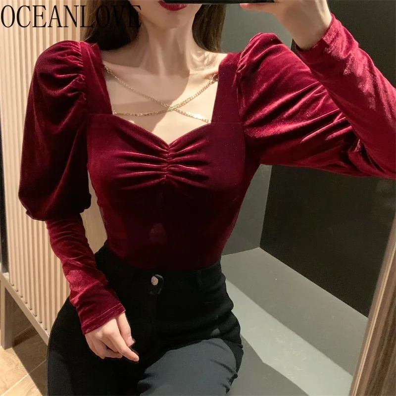 OCEANLOVE Velour Shirts Solid Sqaure Neck Vintage Clothing Korean Puff Sleeve Blusa Spring Sexy Backless Sexy Blouse Women 19623 1