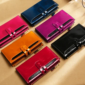

Wallet Women's Genuine Leather Long European and American Clutch Bag Large Capacity Wax Leather Wallet