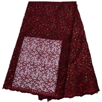 

(5yards/lot) wine red African French net lace fabric with embroidery and stones for party dress 8colors PL230