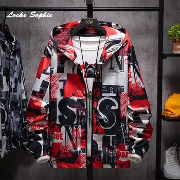 

Men's Plus size zipper jackets coats 2020 Spring Breathable fabrics prints Splicing Hooded Coats Men Skinny Student jacket coats