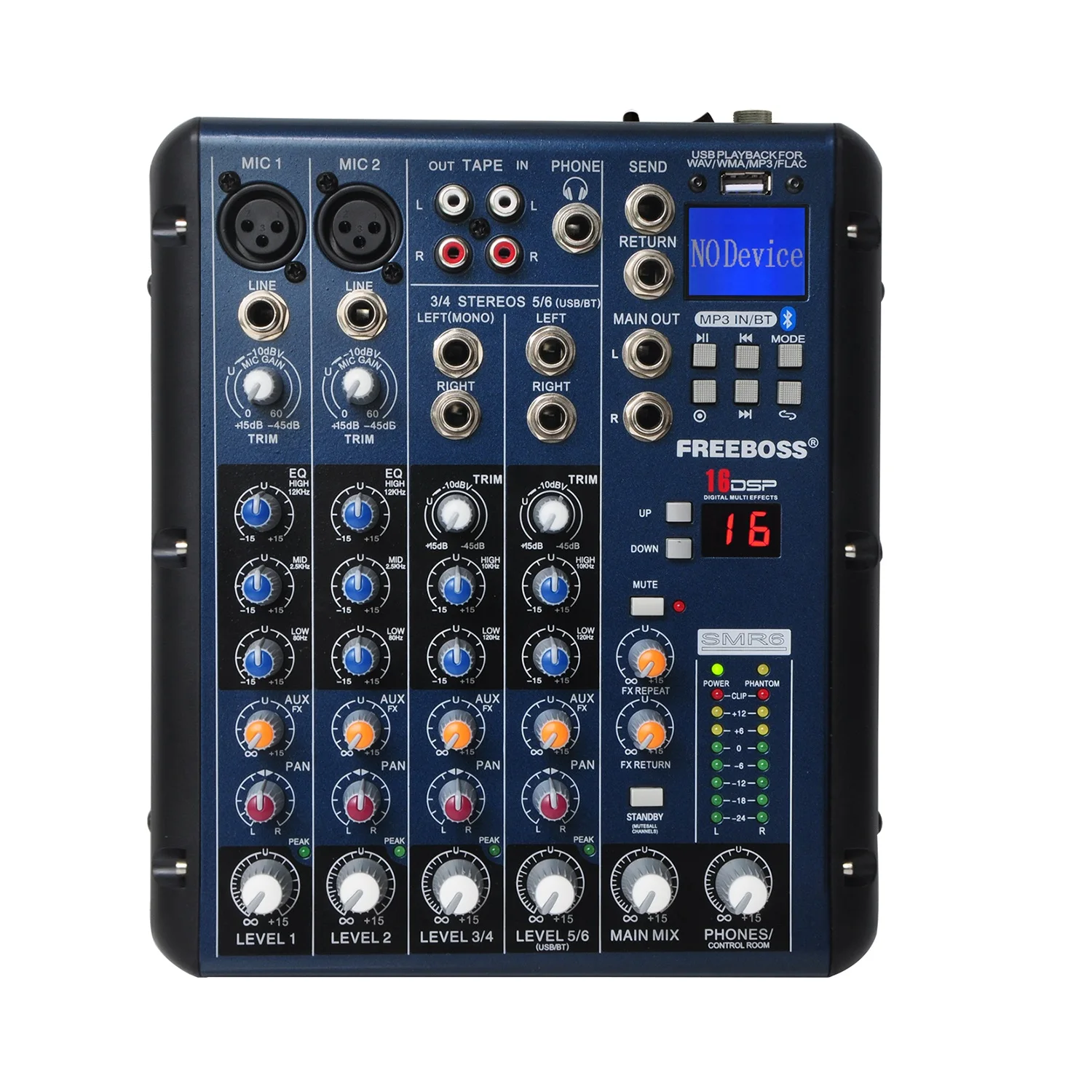Freeboss Bluetooth Audio Mixer 6 Channels Mixing Desk USB Play Record 3 Band EQ 16 Effect Professional Sound Table Console SMR6 audio mixer