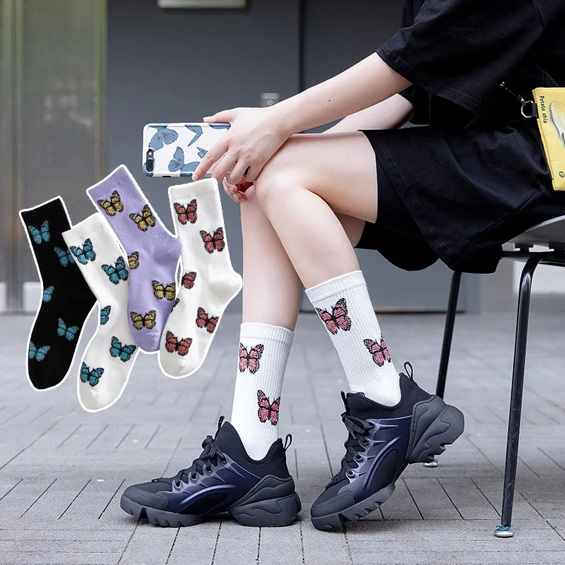 Socks Women Personality Cartoon Butterfly Socks Men Cotton Mid Tube Harajuku Skateboard Socks Sports Casual Sox