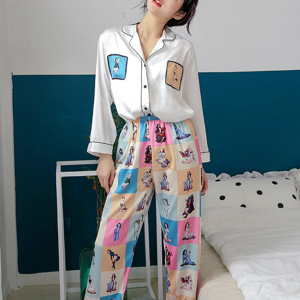 

2Pcs Cartoon Print Satin Silk Pajama Sets Women Pyjama Set White Shirt Top Pants School Home Nightwear Pajamas For Mujer Spring