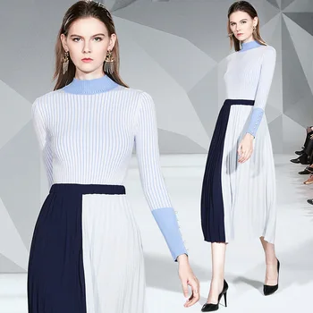 

Striped stitching blue knit long sleeve wild suit bottoming shirt + middle long pleated skirt two-piece women's suit new style