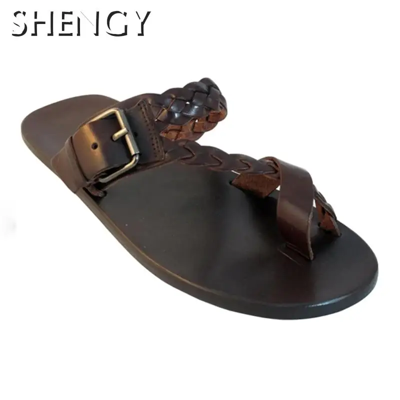 Sandalias romanas de fondo plano para hombre, zapatos de cuero tejido con punta abierta, Retro, color sólido de playa, informales, moda de verano