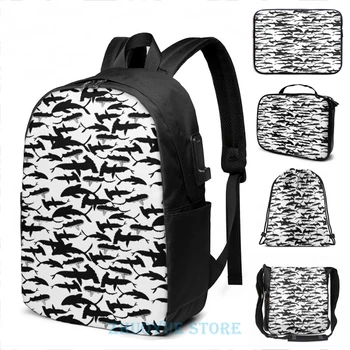 

Funny Graphic print sharks in bw USB Charge Backpack men School bags Women bag Travel laptop bag