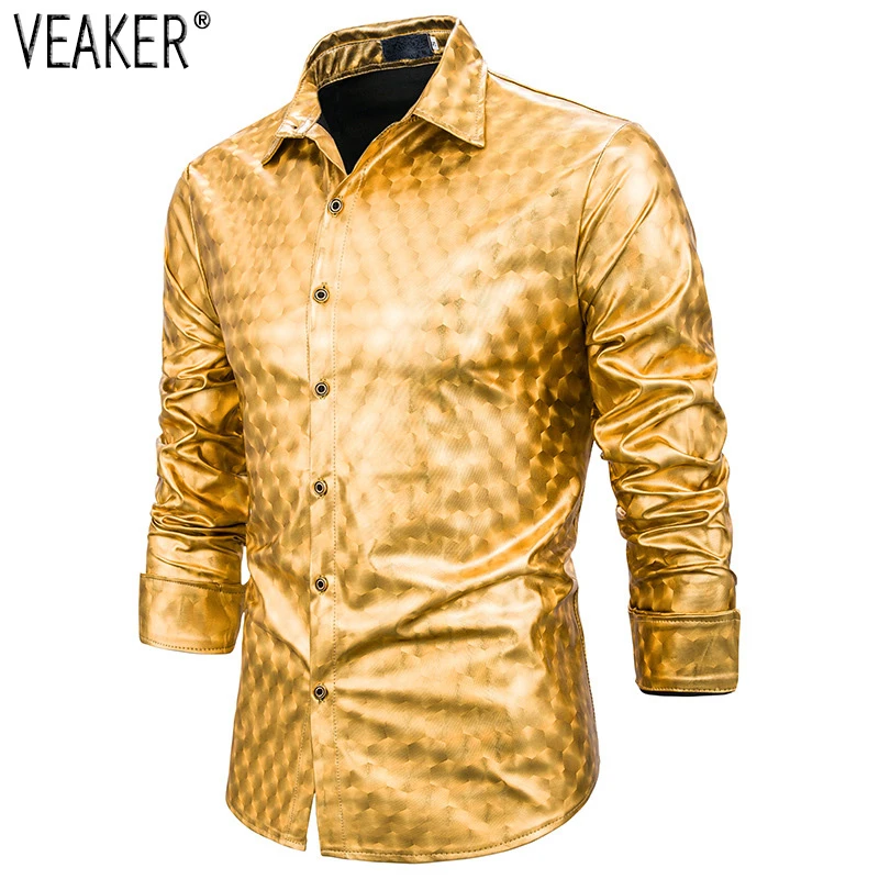 Для Мужчин's цвета: золотистый, серебристый блестящая рубашка мужской однотонный Цвет Рубашки в клетку мужской, с длинными рукавами Однобортный вечерние ночной клуб рубашки для мальчиков