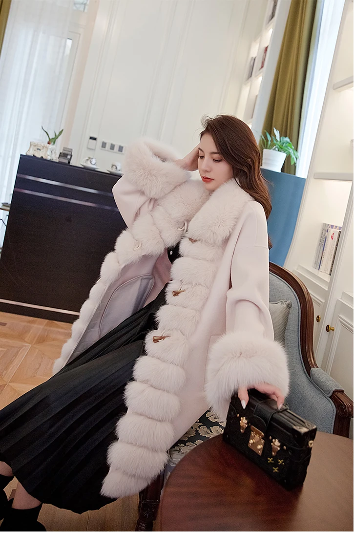 Роскошная женская уличная модная шуба из лисьего меха, верхняя одежда, темперамент, элегантное женское шерстяное пальто, зимнее Свободное длинное пальто