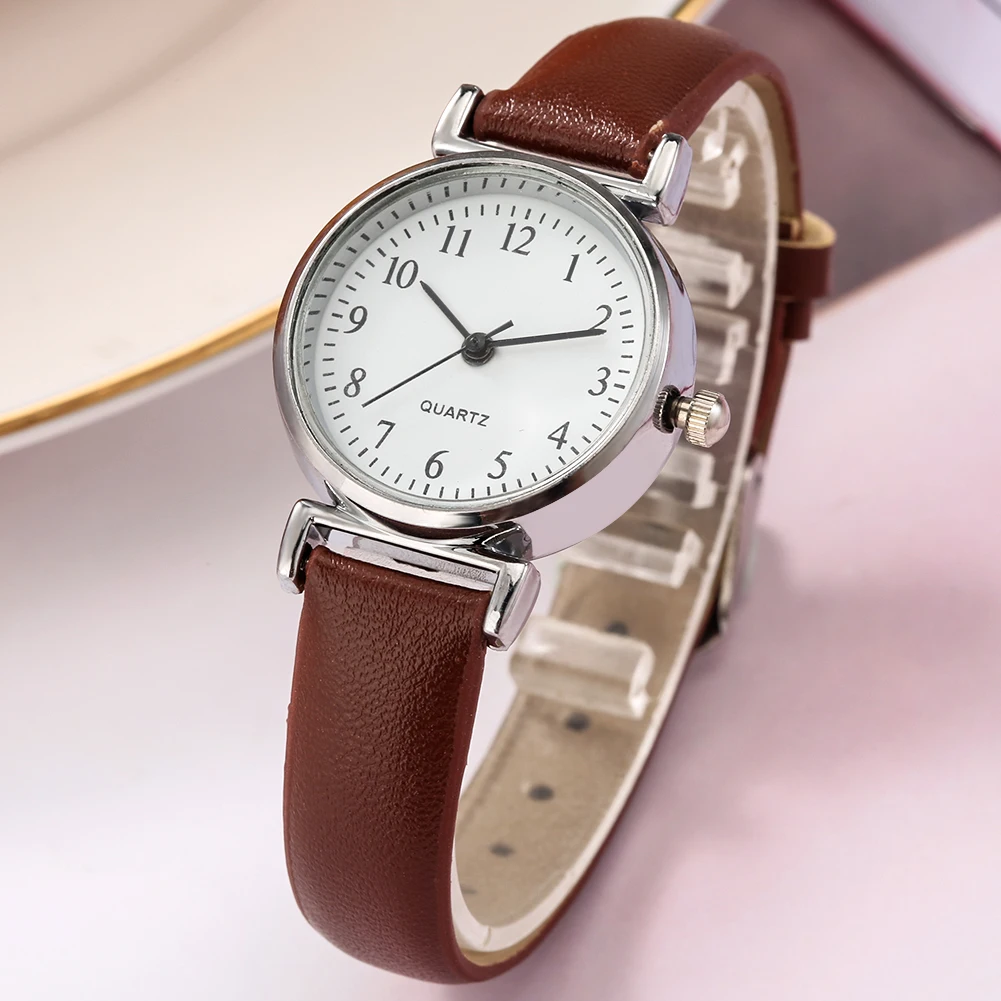 Business Women Quartz Watch Noble Brown Leather Strap Watch Silver Bracelet Ladies Christmas Gifts Set with Box for Mother
