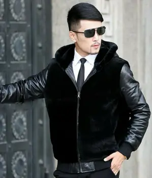 

2019 New Winter Men Splice Pu Leather and Faux Rabbit Fur Coat Hooded Jacket Outdoor Casual Jacket Outwear Warm