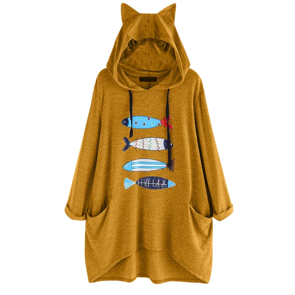 

Casual Pullover Women Autumn Winter Sweatsuit Fish Print Gradient Blouse Pocket Drawstring Hoodies Women moletom feminino