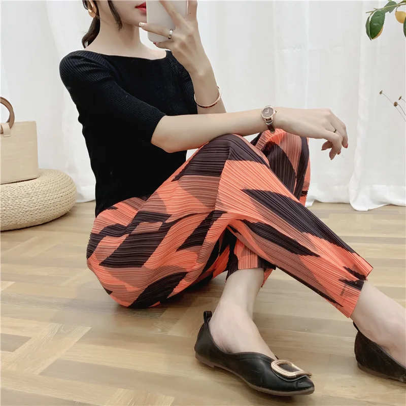 Новые Брюки MIYAKE Fold с принтом в полоску; цветные брюки; модные брюки; Бесплатная доставка