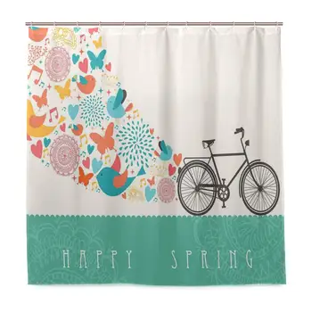 

Unique Shower Curtain Happy Spring Themed Bike Concept with Blossomed Bird and Butterflies Fresh Eco-Friendly with 12 Hooks in