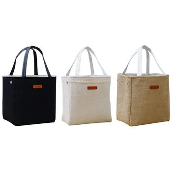 

Household Portable Cotton Linen Lunch Box Bag Black Office Cotton Linen Large Capacity Picnic Box Bag