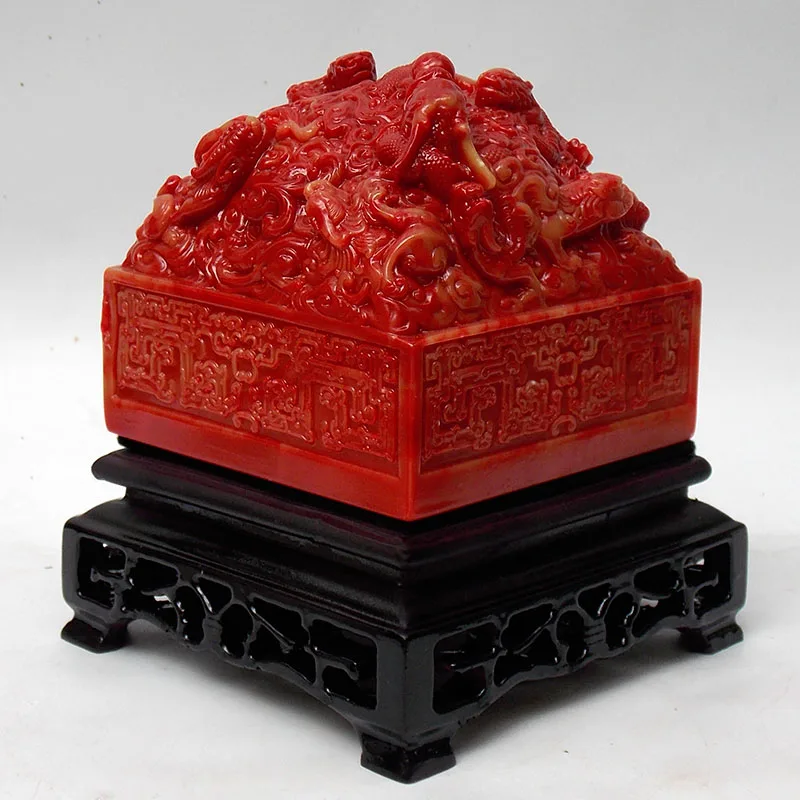 Chicken blood Color Jade stone Stamp Jiulong opera pearl Ancient China Emperor jade seal Han Tang Song Ming Dynasty Dragon Seal