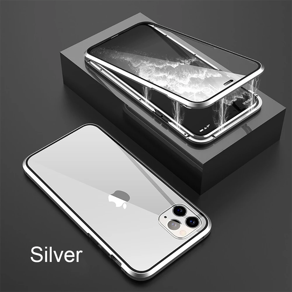 Eqvvol металлический магнитный чехол для iPhone 11 Pro MAX, двухсторонний стеклянный Магнитный чехол для iPhone XS MAX XR X 7 8 Plus, прозрачный чехол - Цвет: Transparent Silver