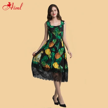 

Designer Female Spring Summer Sling Pineapple Green leaf print Holiday Midi Dress Female Beaded sequins Lace Trim Leisure Dress