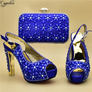

Elegant royal blue high heel lady shoes and purse bag set with stones for wedding/party 988-5, heel height 12cm