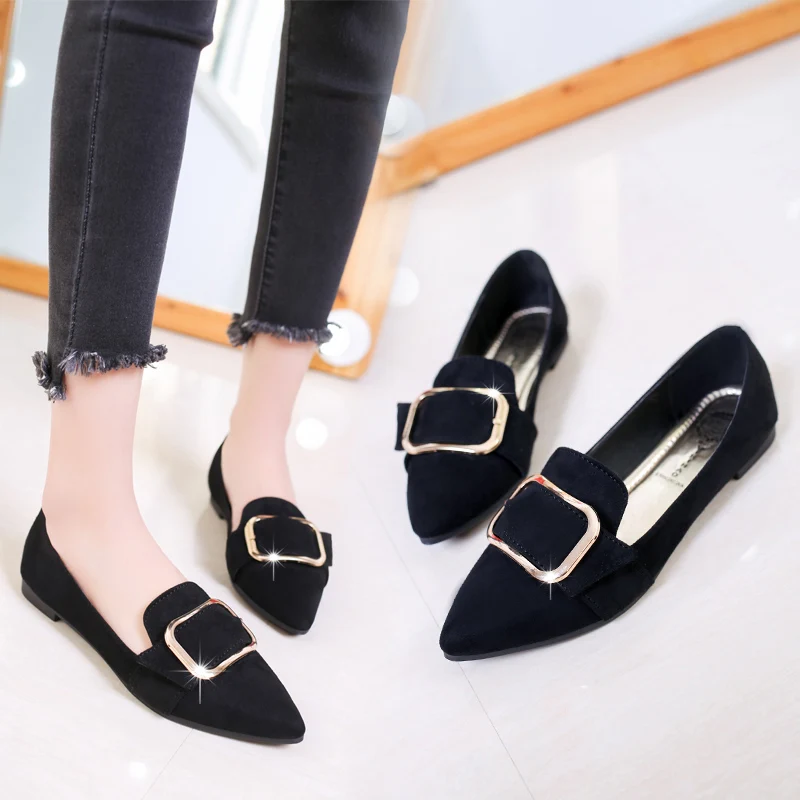 

New Korean flat-bottom single shoes female pointed shallow mouth comfortable casual shoes square buckle wild women's shoes