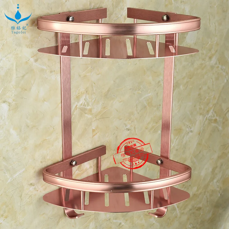 

Alumimum Bathroom Triangular Storage Shelf Rose Gold Double Layer Triangular Blue Thick Large Rims Corner Bathroom Hardware
