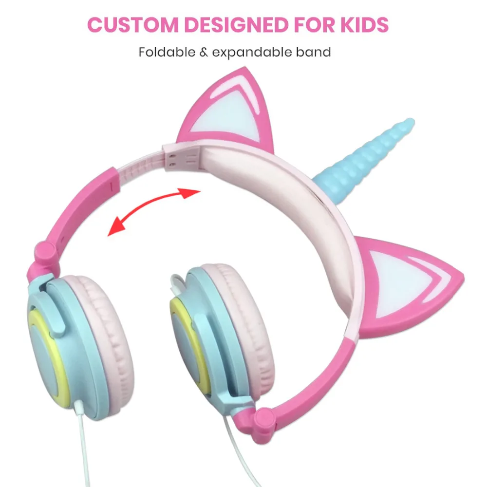 Cute Kids Headphones LED Light Unicorn Wired Headphones Girl Gamer PC Earphone Foldable Over Ear Gaming Headset Kids Gift