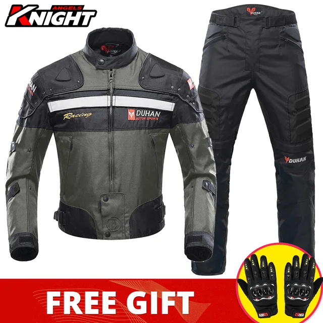 DUHAN Motorcycle Jacket Pants Suit Waterproof Racing Jacket Protective Motocross Lining Four Seasons Motorcycle Jacket Men S-3XL D-020 Gray Suit