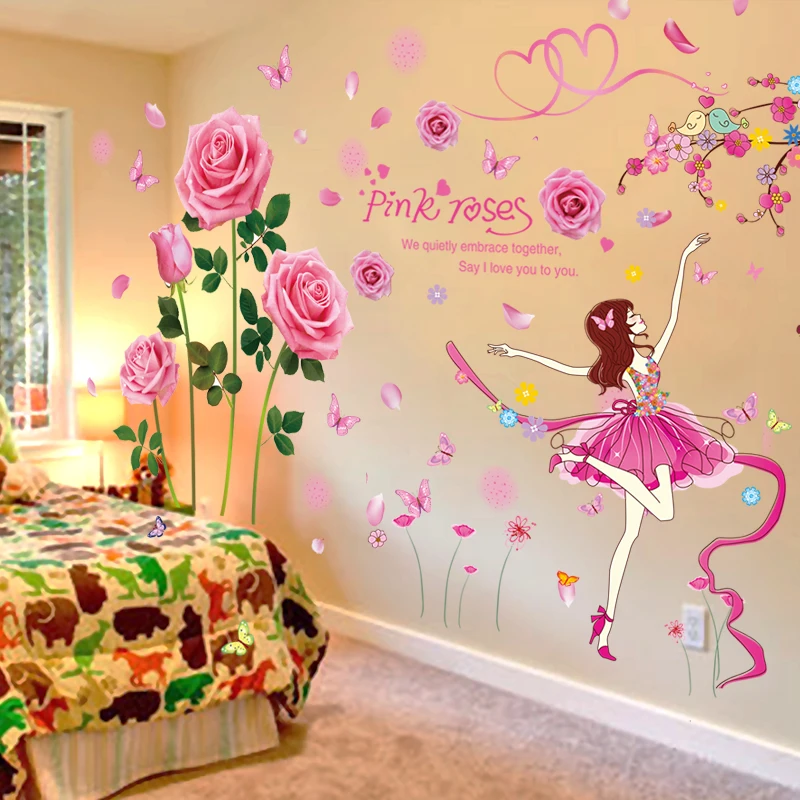 

[shijuekongjian] Cartoon Girl Dancer Wall Stickers DIY Pink Rose Flowers Wall Decals for Kids Rooms Living Room House Decoration