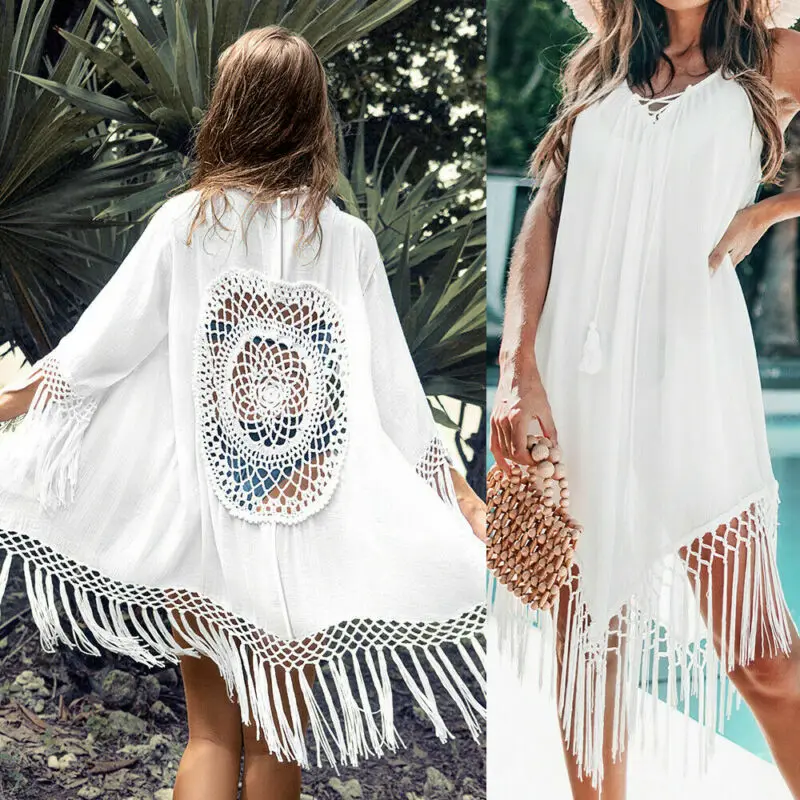 Fashion Boho Long Maxi Dress Women Summer Ladies Sleeveless White Beach Dress Evening Party Casual Crochet Dresses Beach bikini cover up set