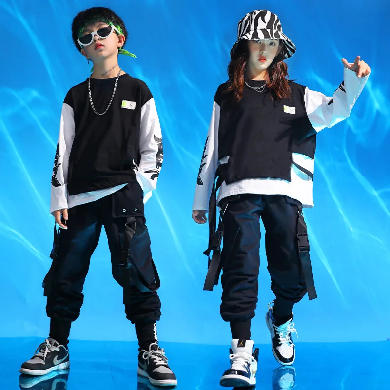 Hip Hop Jogger Tactical Cargo Pants Children Dance Costume for Girls Boys