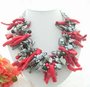 

19" 6 Strands Gray Pearl Red Coral Shell Necklace