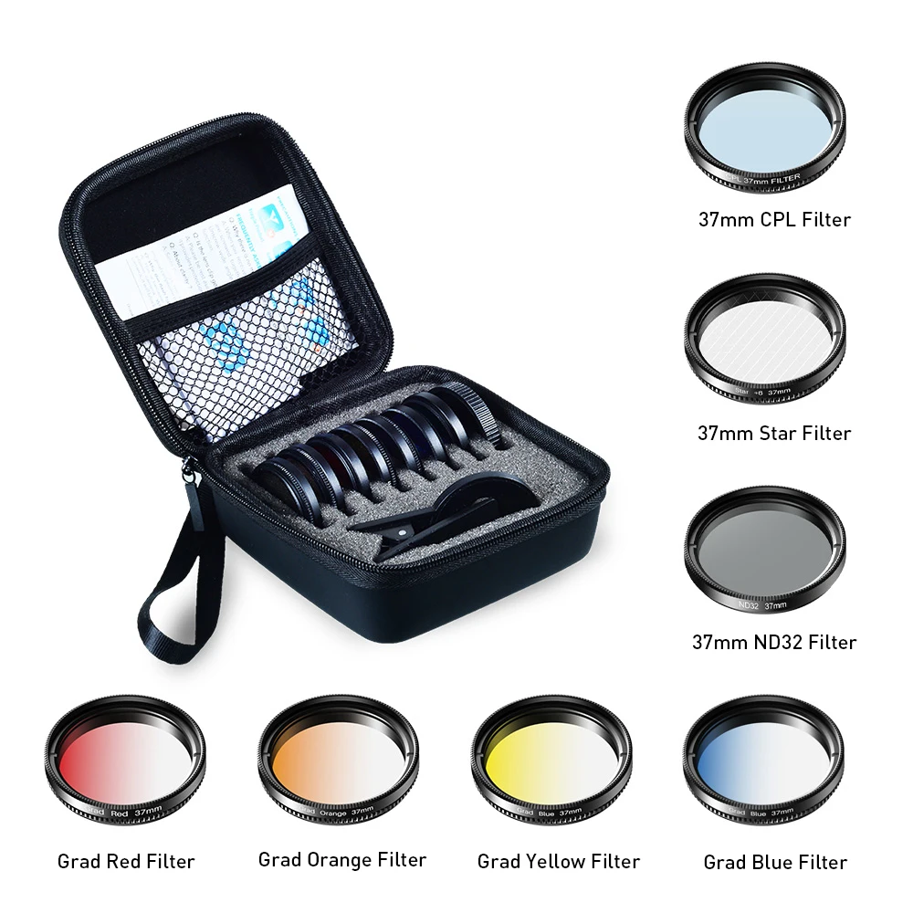 APEXEL 7in1 Gradient Filter Kit Red Yellow Color ND32 CPL Star Camera Lens Filter With 37mm clip for smartphones 37UV-G android camera lens Lenses