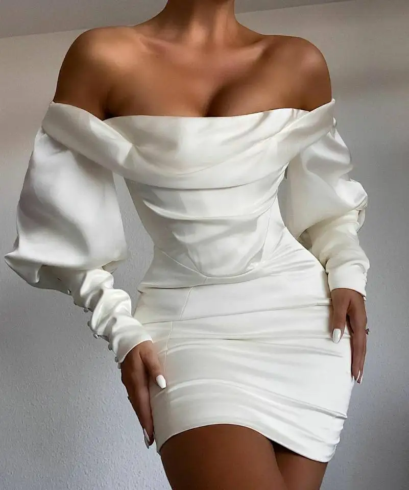 

Sexy Bodycon Long Sleeve Satin Evening Dresses Zipper Back White Pleated Formal Party Dress for Women
