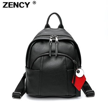 

ZENCY 100% Genuine Cow Leather Black Hardware Women Backpack Lady Girl Real Top Layer Cowhide Calfskin Book Bag Style Knapsack