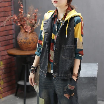 

Women Spring And Autumn Fashion Brand Korea Style Vintage Patchwork Denim Hooded Vest Female Casual Sleeveless Coat Vest
