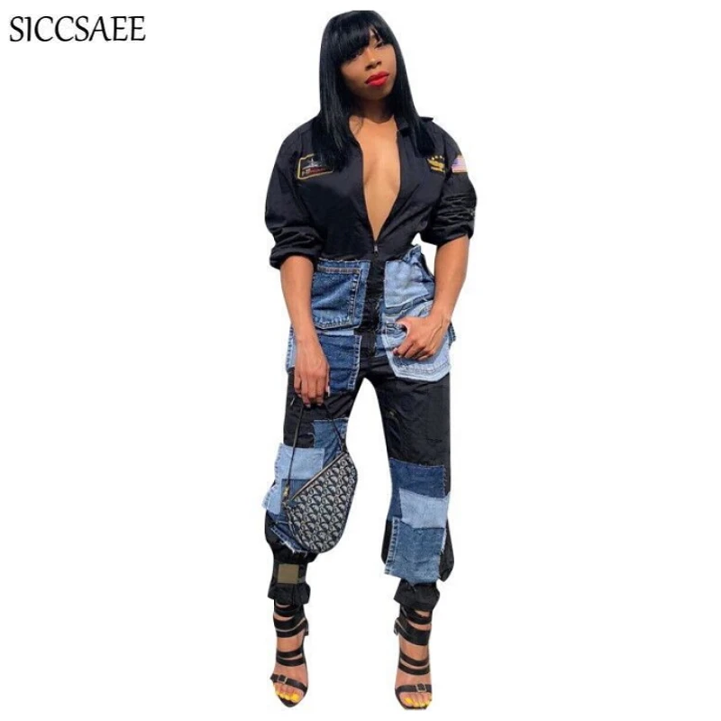 

Streetwear Bib Overalls Loose Zipper Front Suspenders Sexy Casual Rompers Womens Jumpsuit Character Patchwork Plus Size Clothing