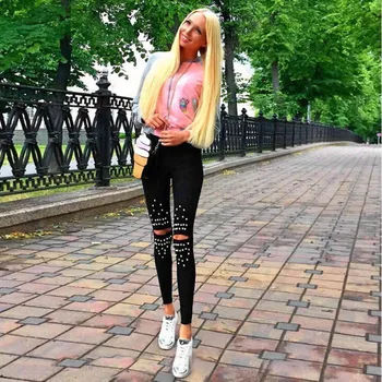 

Womens Pants With Hole In The Knee With Pearl Decorated Hot Tight Pants For Women Outwear High Elastic Trousers Pantalones #3
