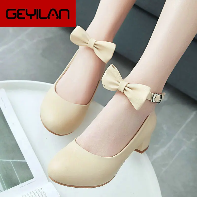 

2019 New Sweet Bow-knot Mary Jane Pumps Women Shoes comfy Low Heels Spring Summer Autumn Ladies Shoes White Beige Pink