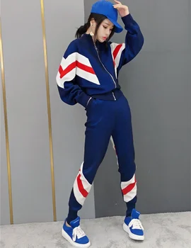 

European fashion ladies tracksuits zipper sweatsuits sets contrast color knitted joggers sweat suits women two pieces outfits
