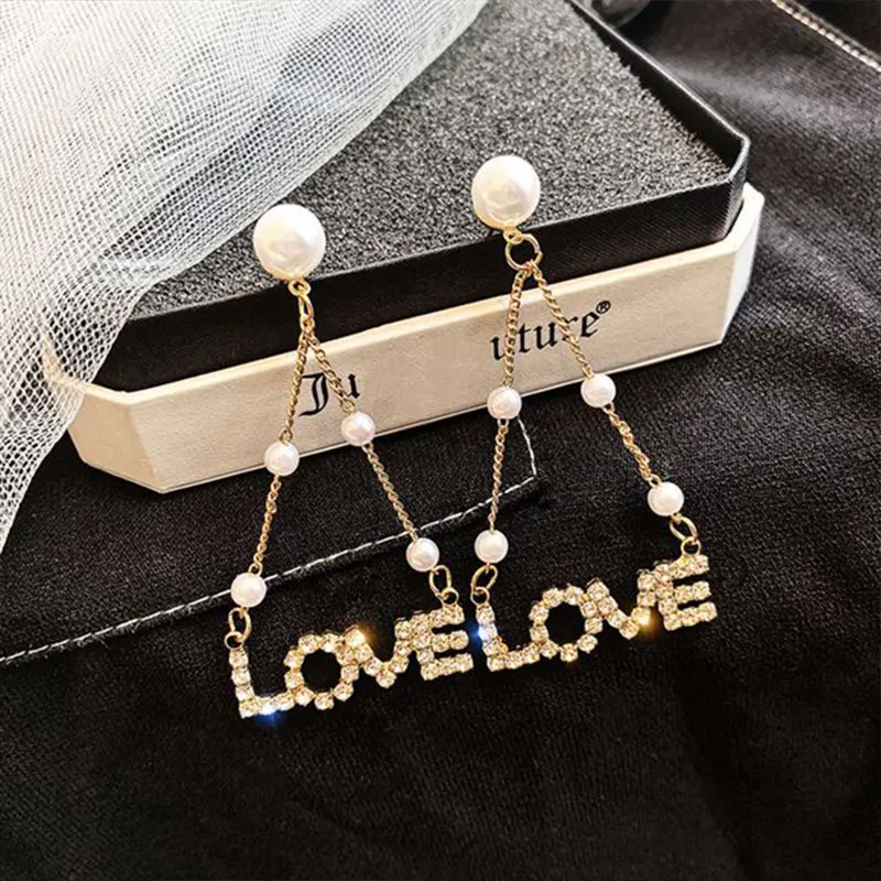 

Korea full Rhinestone LOVE earrings female temperament long pearl earrings fashion Crystal earrings 2019 new tide earrings
