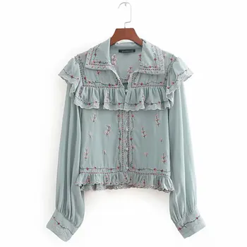 

2020 women high street elegant laminated ruffles flower embroidery chiffon blouse ladies shirt chic femininas blusas tops
