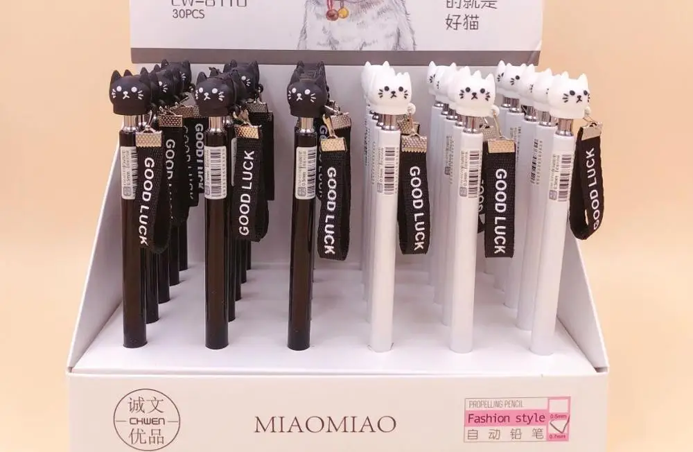 new white black cat automatic pencil cartoon school gift student Mechanical Pencil 0.5mm writing pen promotion 30pc/lot | Канцтовары для