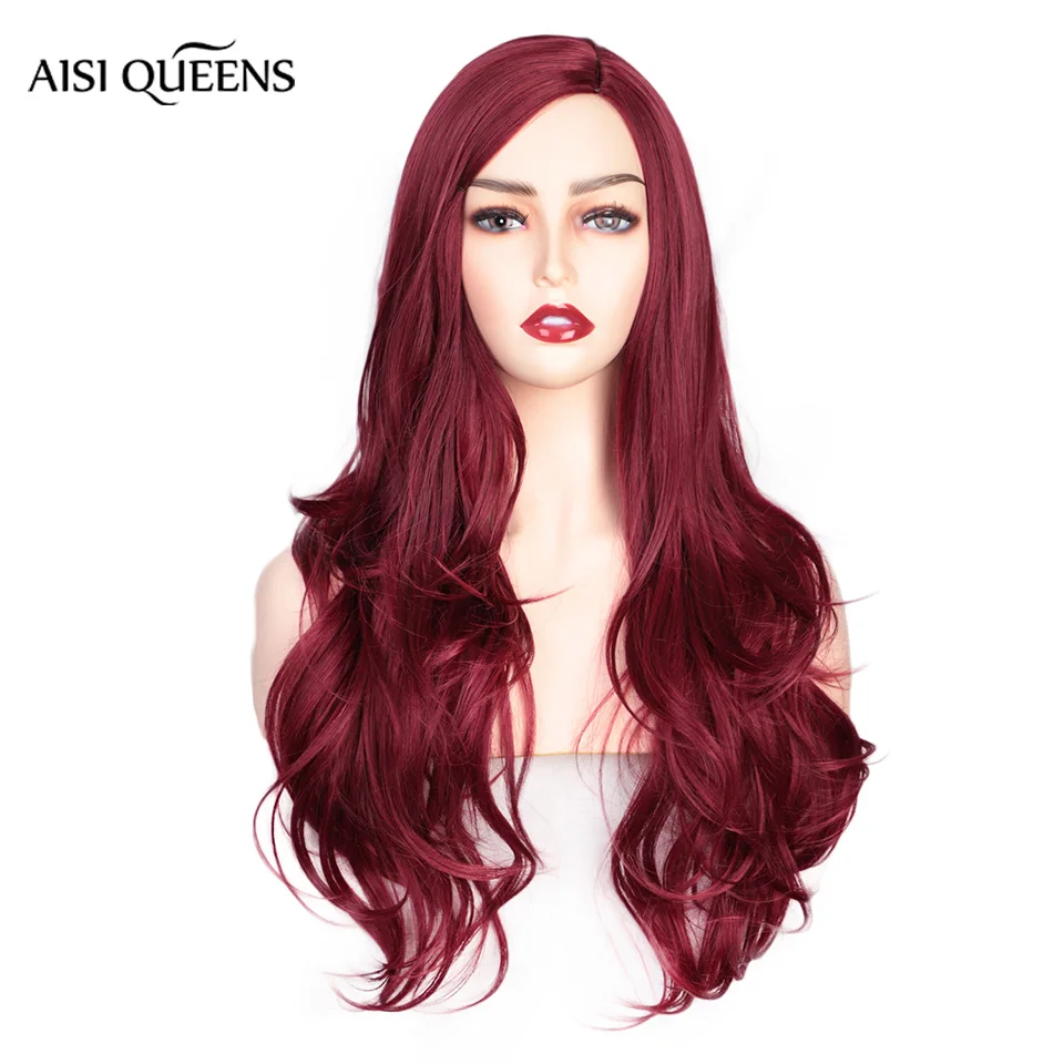 AISI QUEENS Red Wig for Women Long Wavy Synthetic Wig Cosplay Black Pink Wigs Free Parts Natural High Temperature Fiber