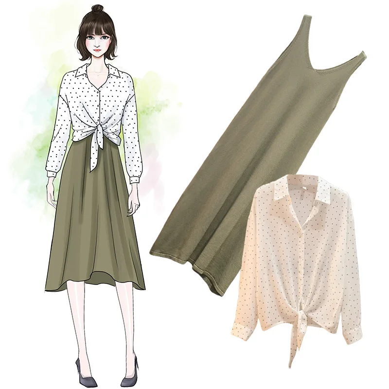 

Large Size Dress 2019 Spring And Summer New Wave Point Chiffon Sun Shirt Cover-up + Viscose Knitted Vest Suit Dress